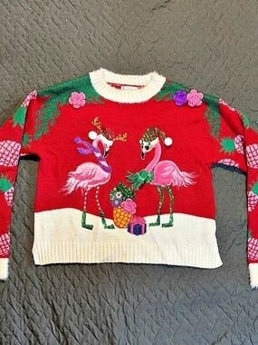 Jolly Sweaters Flamingo Ugly Christmas Sweater Women’s Small 3D Tropical Holiday